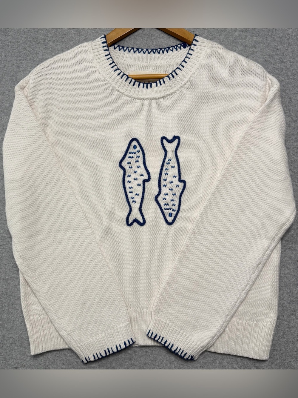 Lucky Brand Women’s Small Embroidered Fish Sweater Cream Navy Coastal NWT
